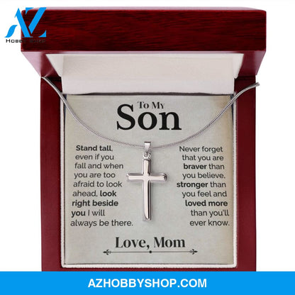 To My Son - Stand Tall - White Gold Cross Necklace