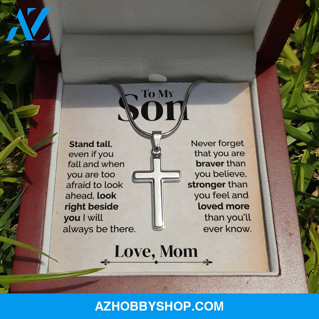 To My Son - Stand Tall - White Gold Cross Necklace