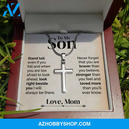 To My Son - Stand Tall - White Gold Cross Necklace