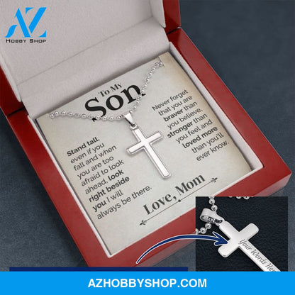 To My Son - Stand Tall - White Gold Cross Necklace
