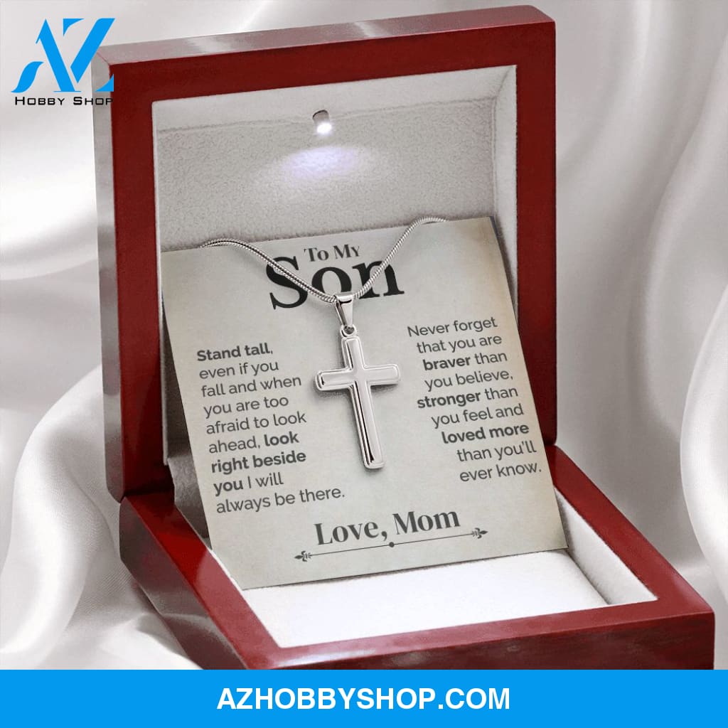 To My Son - Stand Tall - White Gold Cross Necklace