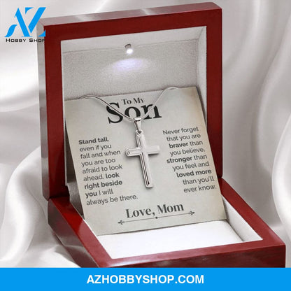 To My Son - Stand Tall - White Gold Cross Necklace