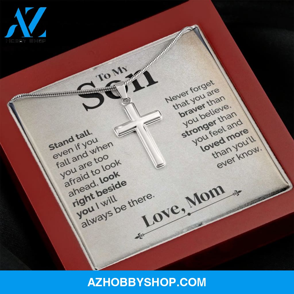 To My Son - Stand Tall - White Gold Cross Necklace