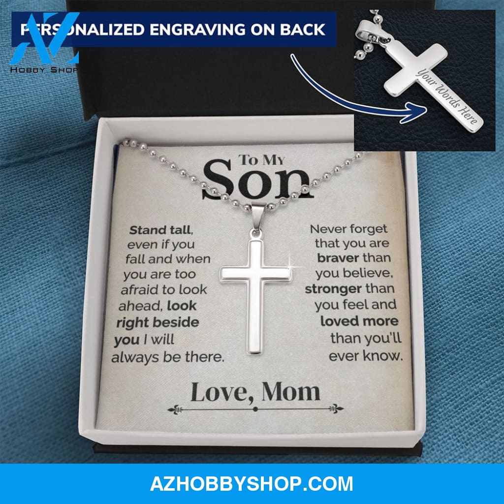 To My Son - Stand Tall - White Gold Cross Necklace