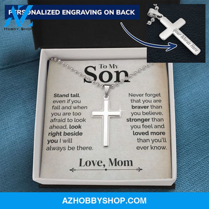 To My Son - Stand Tall - White Gold Cross Necklace