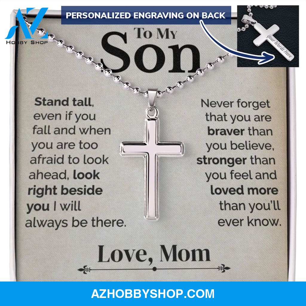 To My Son - Stand Tall - White Gold Cross Necklace