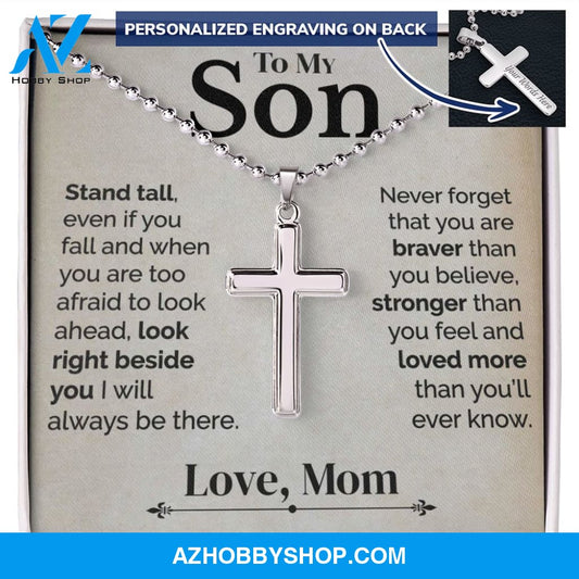 To My Son - Stand Tall - White Gold Cross Necklace