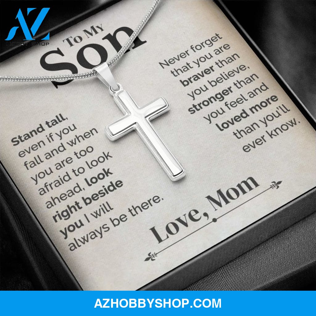 To My Son - Stand Tall - White Gold Cross Necklace