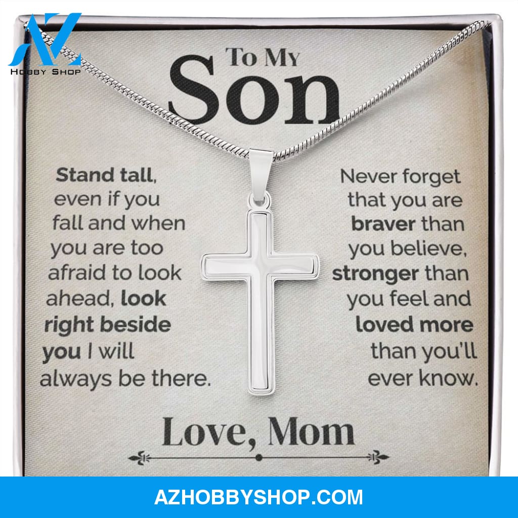 To My Son - Stand Tall - White Gold Cross Necklace