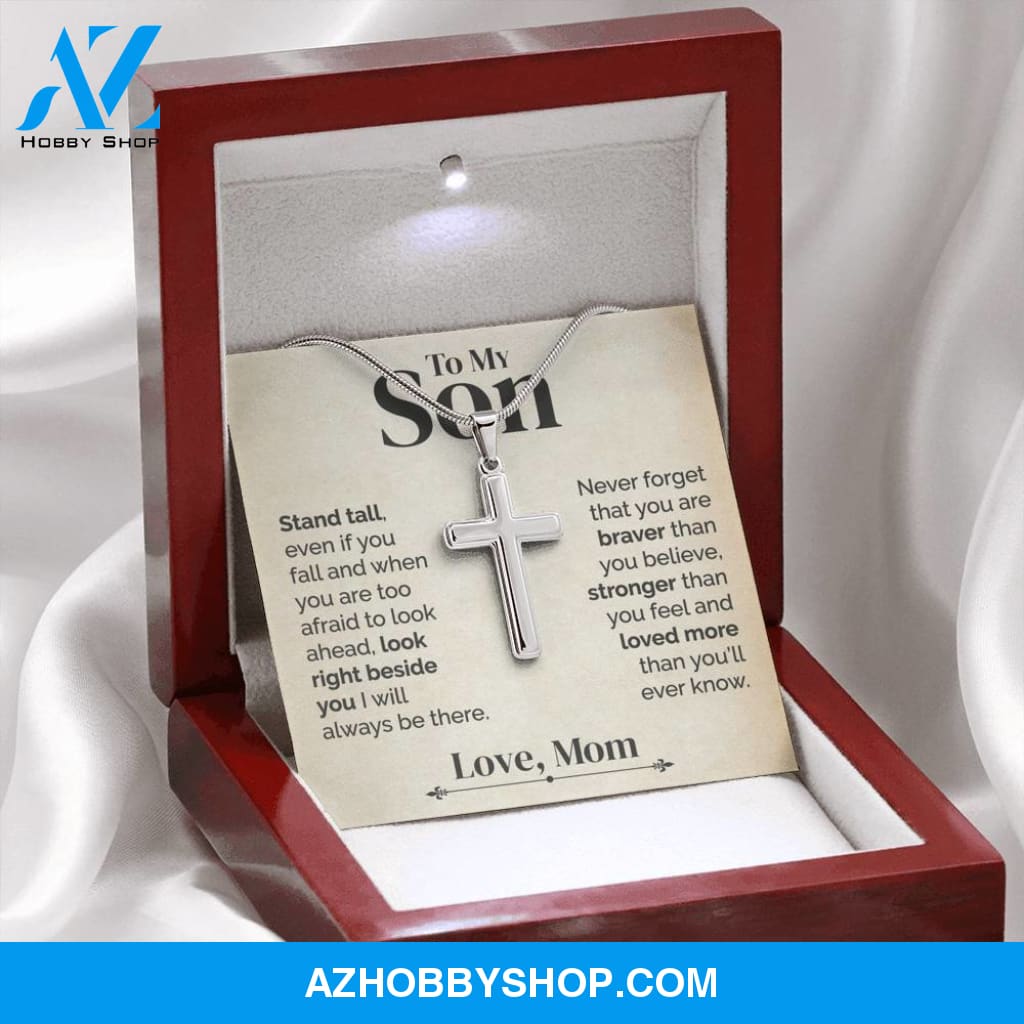 To My Son - Stand Tall - White Gold Cross Necklace