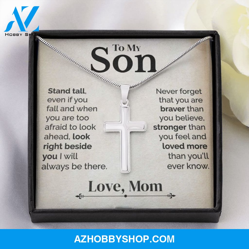 To My Son - Stand Tall - White Gold Cross Necklace