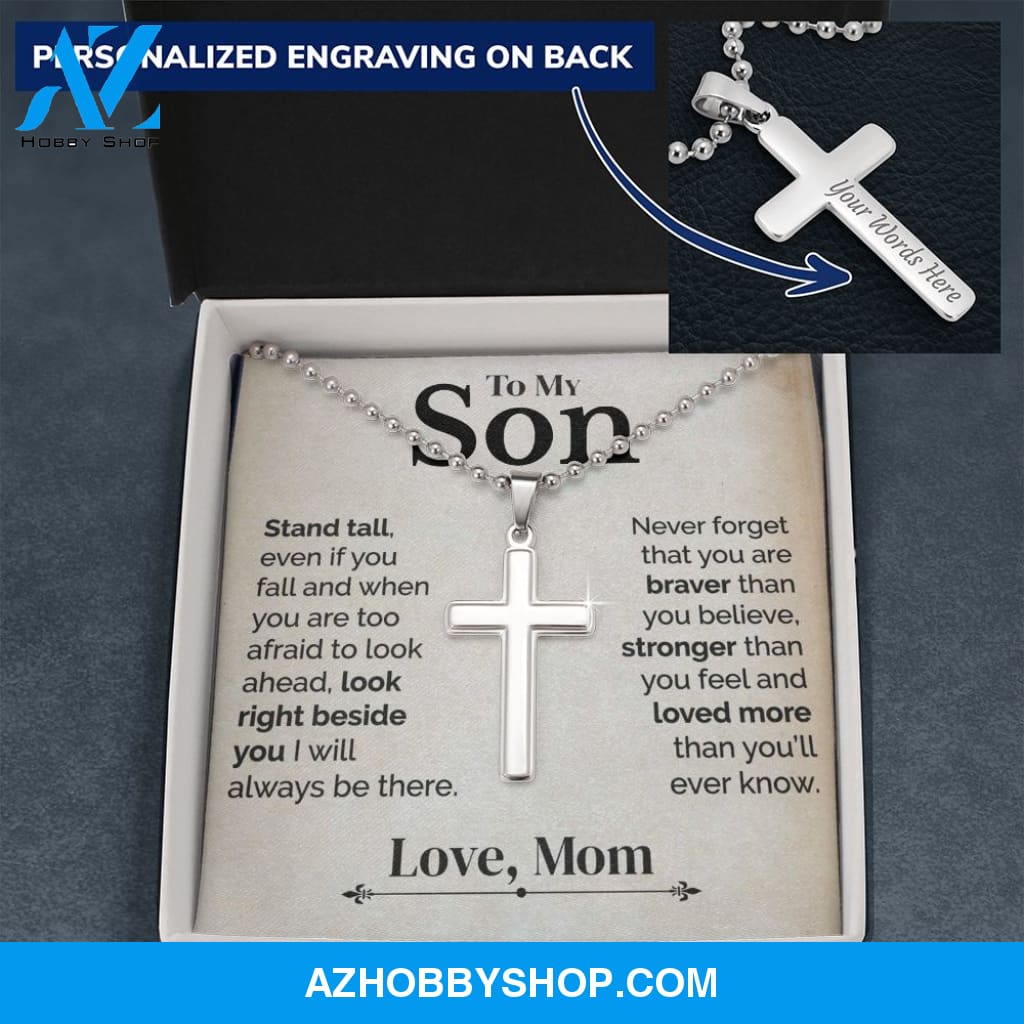 To My Son - Stand Tall - White Gold Cross Necklace