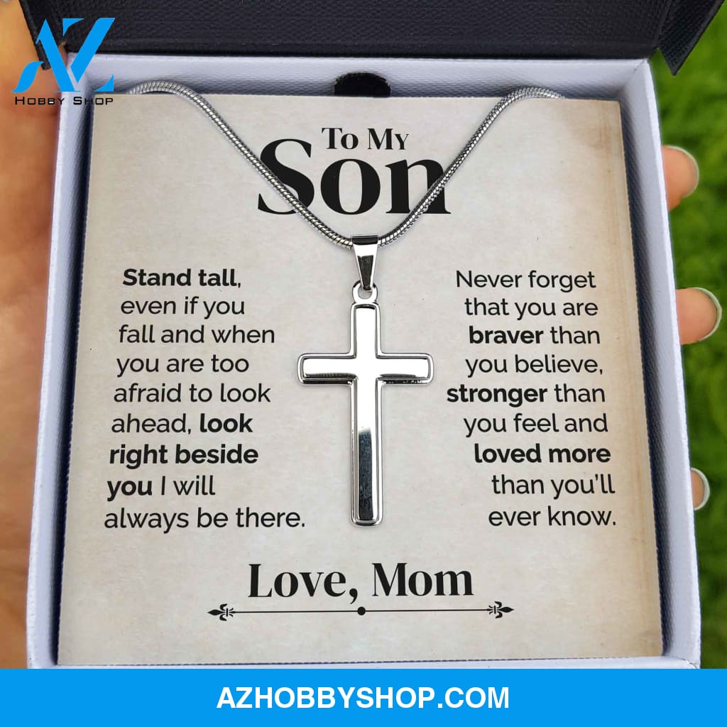 To My Son - Stand Tall - White Gold Cross Necklace