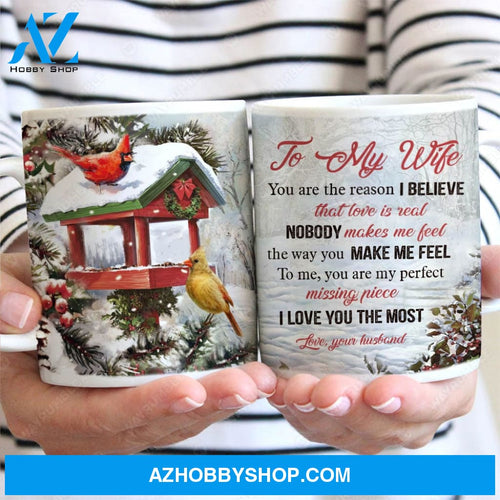 To my wife, Cardinal couple, Birdhouse, Winter garden, I love you the most - Couple AOP Mug