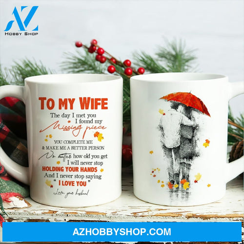 To my wife, Couple walking, Red umbrella, The day I met you I found my missing piece - Couple White Mug