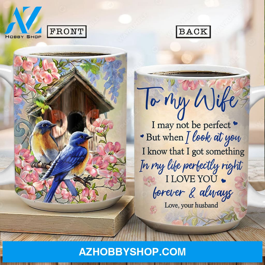 To my wife, Eastern bluebird, Vintage flower, Bird house, I love you forever & always - Couple AOP Mug