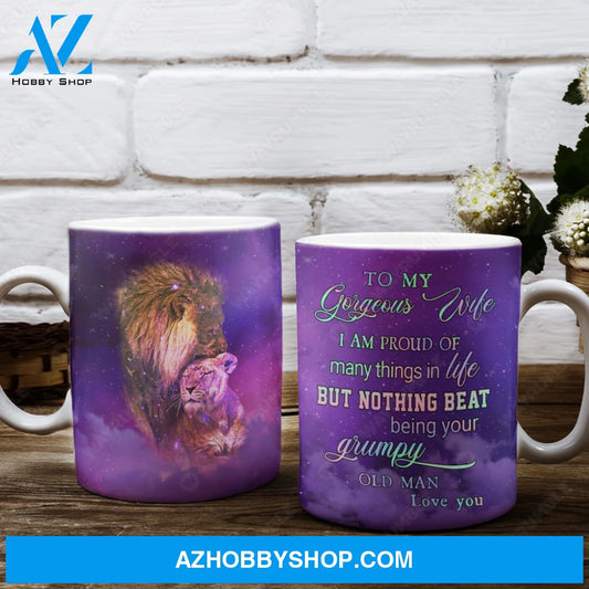To my wife, Lion artwork, Purple background, Nothing beat being your grumpy old man - Couple AOP Mug