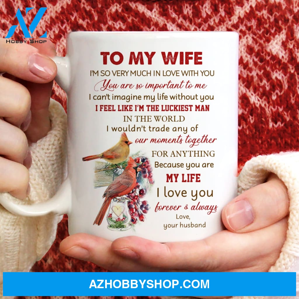 To my wife, Lucky cardinal drawing, Cranberry fruit, I Love you forever and always - Couple White Mug