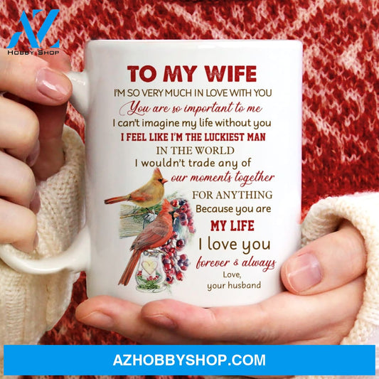 To my wife, Lucky cardinal drawing, Cranberry fruit, I Love you forever and always - Couple White Mug