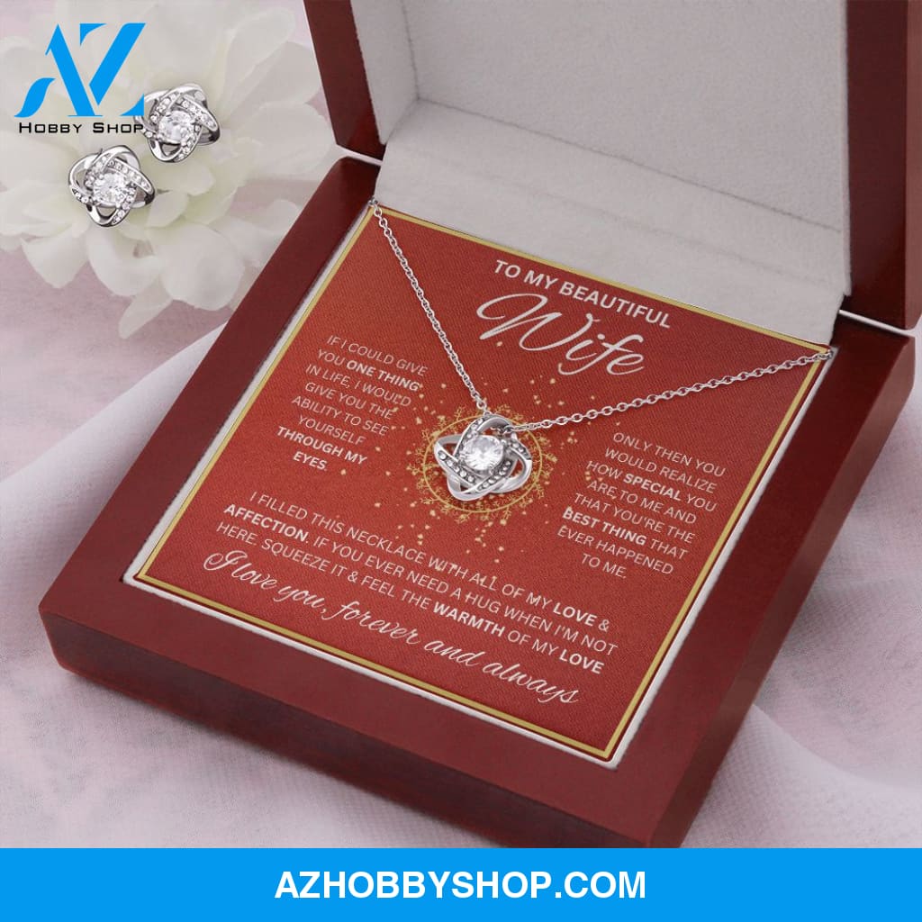 To My Wife Necklace For Women White Gold Love Knot & Earring Set