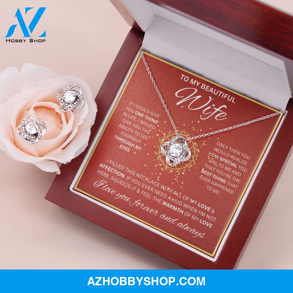 To My Wife Necklace For Women White Gold Love Knot & Earring Set