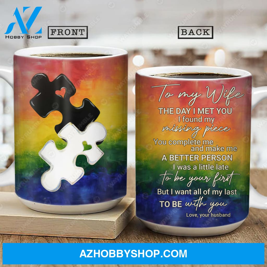 To my wife, Puzzle piece, Colorful background, I want all of my last to be with you - Couple AOP Mug