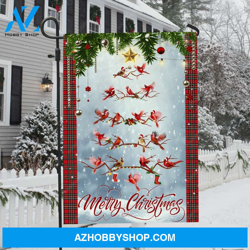 Unique Christmas tree, Beautiful cardinal, Winter forest, Merry Christmas - Jesus Flag