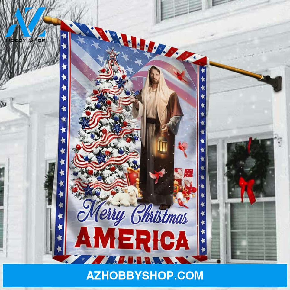 Unique Christmas tree, Jesus painting, Pretty lantern, Merry Christmas America - Jesus Flag