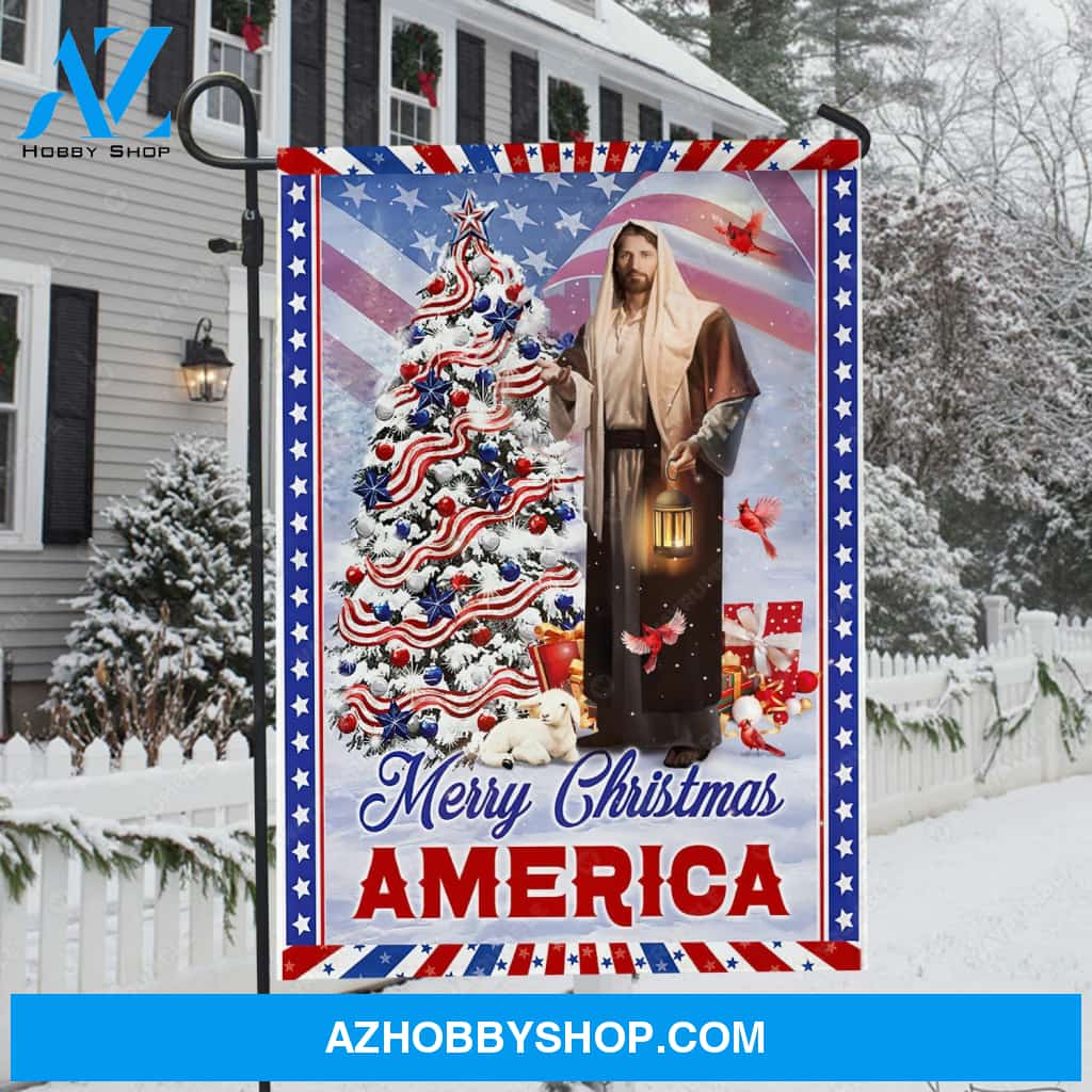 Unique Christmas tree, Jesus painting, Pretty lantern, Merry Christmas America - Jesus Flag