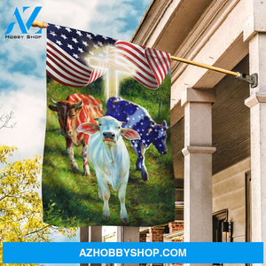 Unique cow, Green meadow land, Cross symbol, Flying US flag - Cow Flag