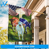 Unique cow, Green meadow land, Cross symbol, Flying US flag - Cow Flag