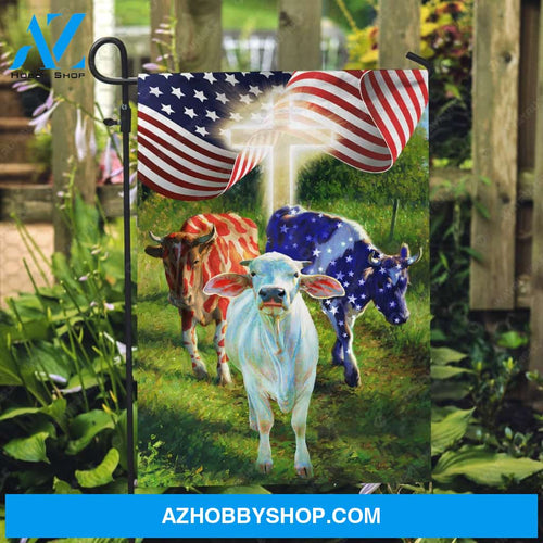 Unique cow, Green meadow land, Cross symbol, Flying US flag - Cow Flag