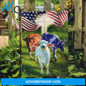 Unique cow, Green meadow land, Cross symbol, Flying US flag - Cow Flag