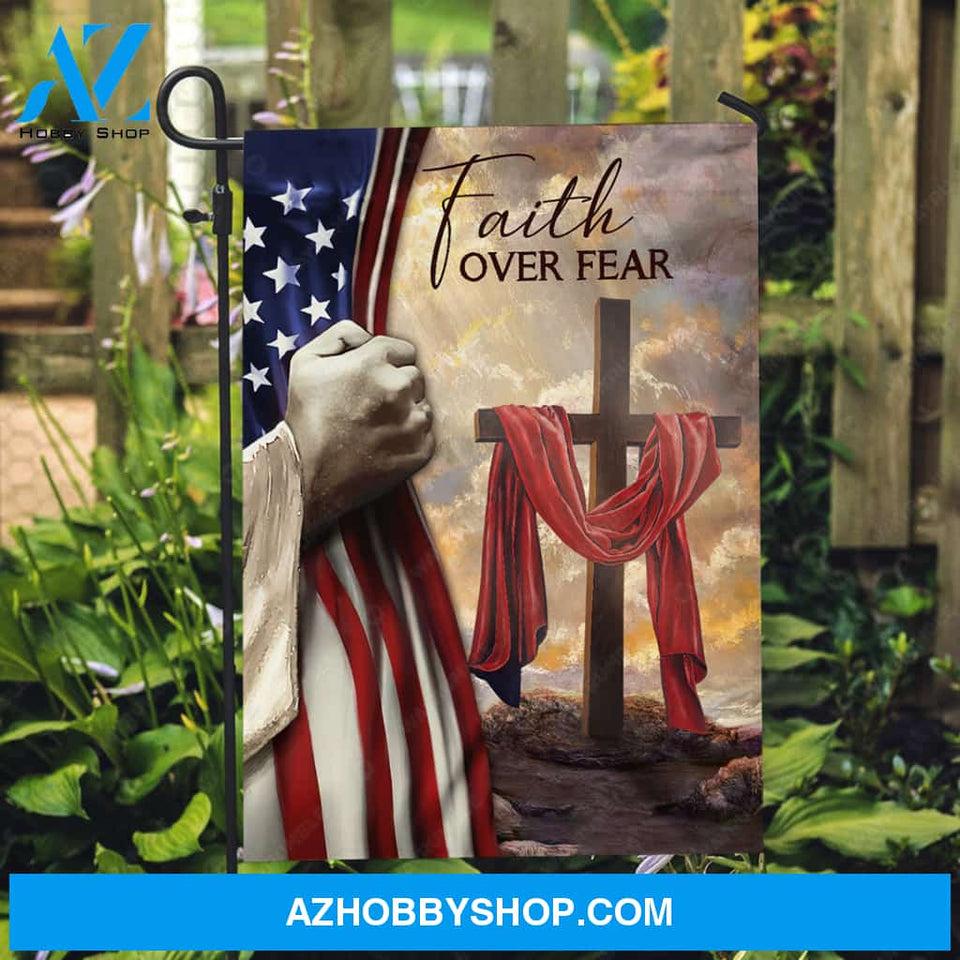 Unique cross, Red silk, Old US flag, Jesus's hand, Faith over fear - Jesus Flag