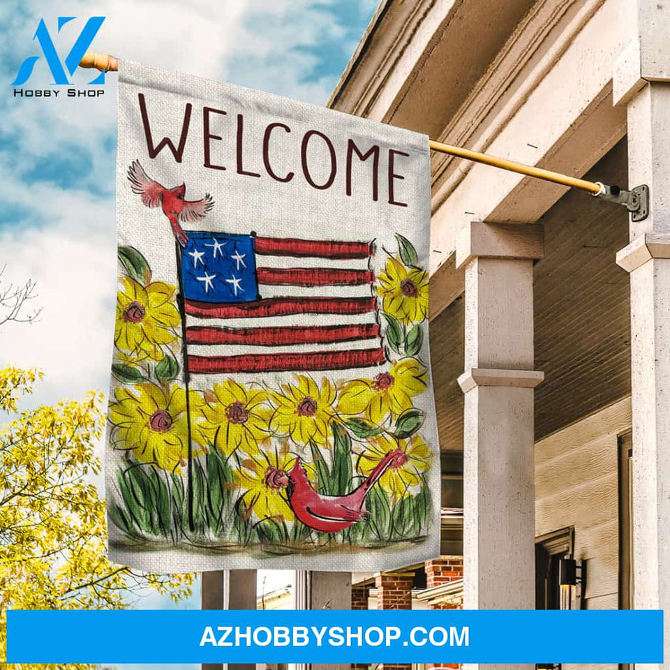 Unique flag, Watercolor US flag, Yellow flower garden, Cardinal, Welcome - Jesus Flag