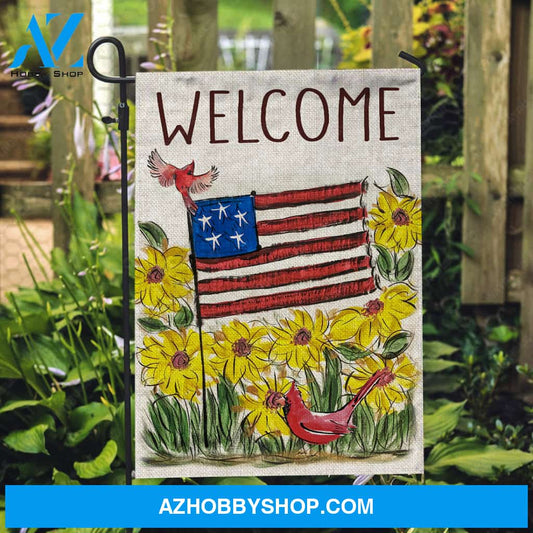 Unique flag, Watercolor US flag, Yellow flower garden, Cardinal, Welcome - Jesus Flag