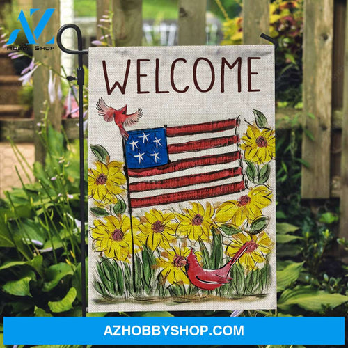 Unique flag, Watercolor US flag, Yellow flower garden, Cardinal, Welcome - Jesus Flag