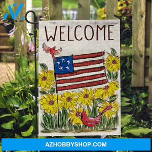 Unique flag, Watercolor US flag, Yellow flower garden, Cardinal, Welcome - Jesus Flag