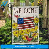 Unique flag, Watercolor US flag, Yellow flower garden, Cardinal, Welcome - Jesus Flag