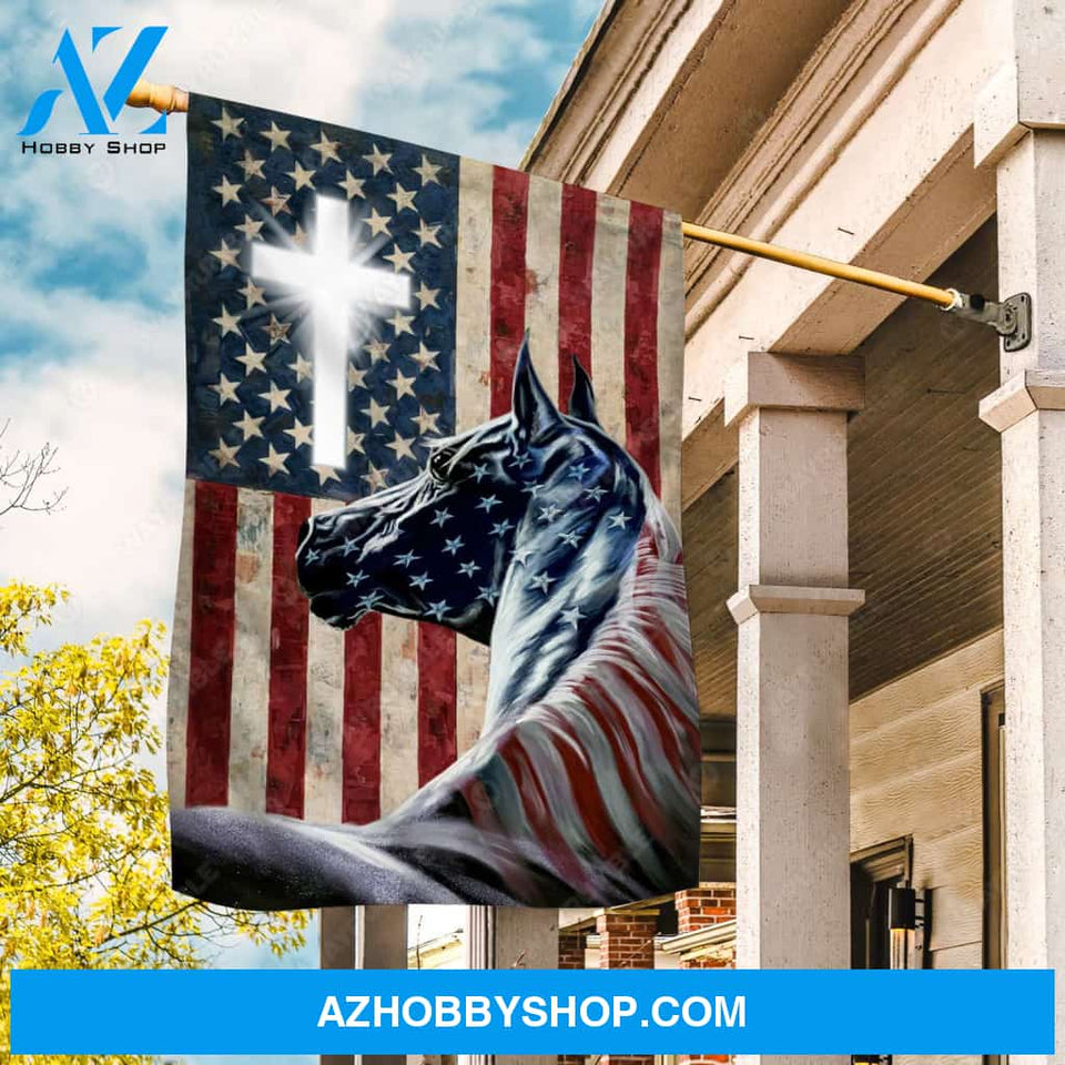 US Flag, Black horse, Cross symbol, Light cross - Jesus Flag