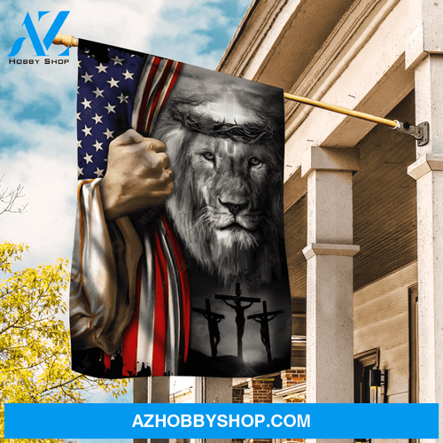 US flag, Black lion painting, Crown of thorn, Cross symbol - Jesus Flag
