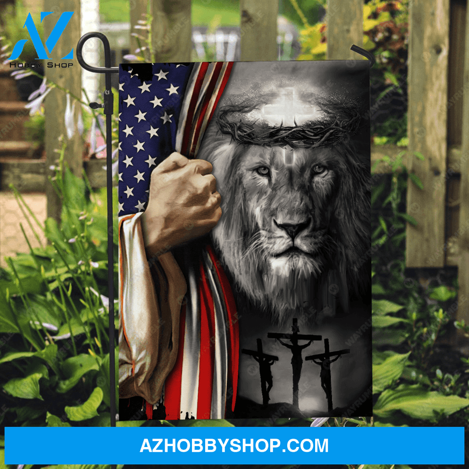 US flag, Black lion painting, Crown of thorn, Cross symbol - Jesus Flag
