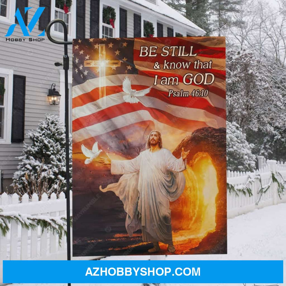 US flag, Jesus Christ, White dove, Cross symbol, Be still and know that I am God - Jesus Flag