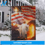 US flag, Jesus Christ, White dove, Cross symbol, Be still and know that I am God - Jesus Flag