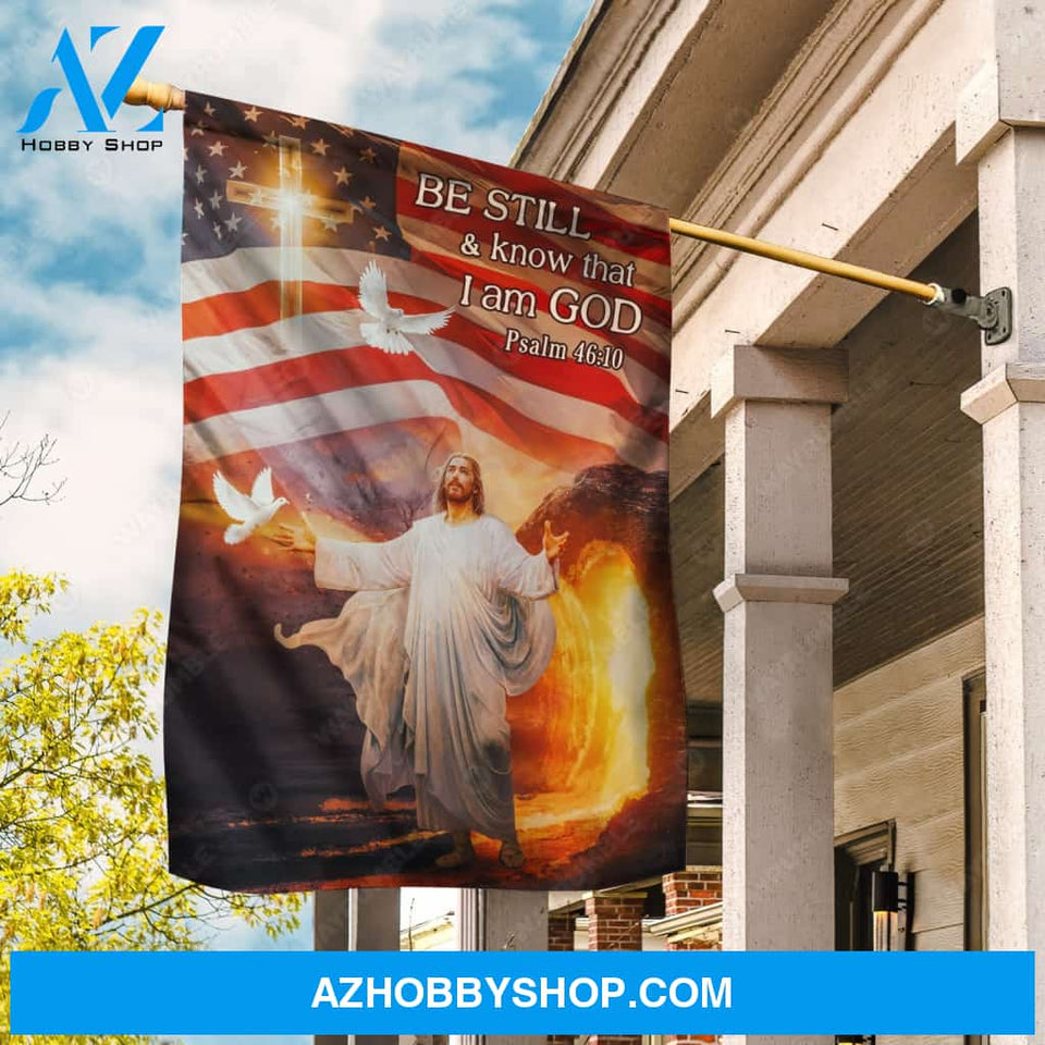 US flag, Jesus Christ, White dove, Cross symbol, Be still and know that I am God - Jesus Flag