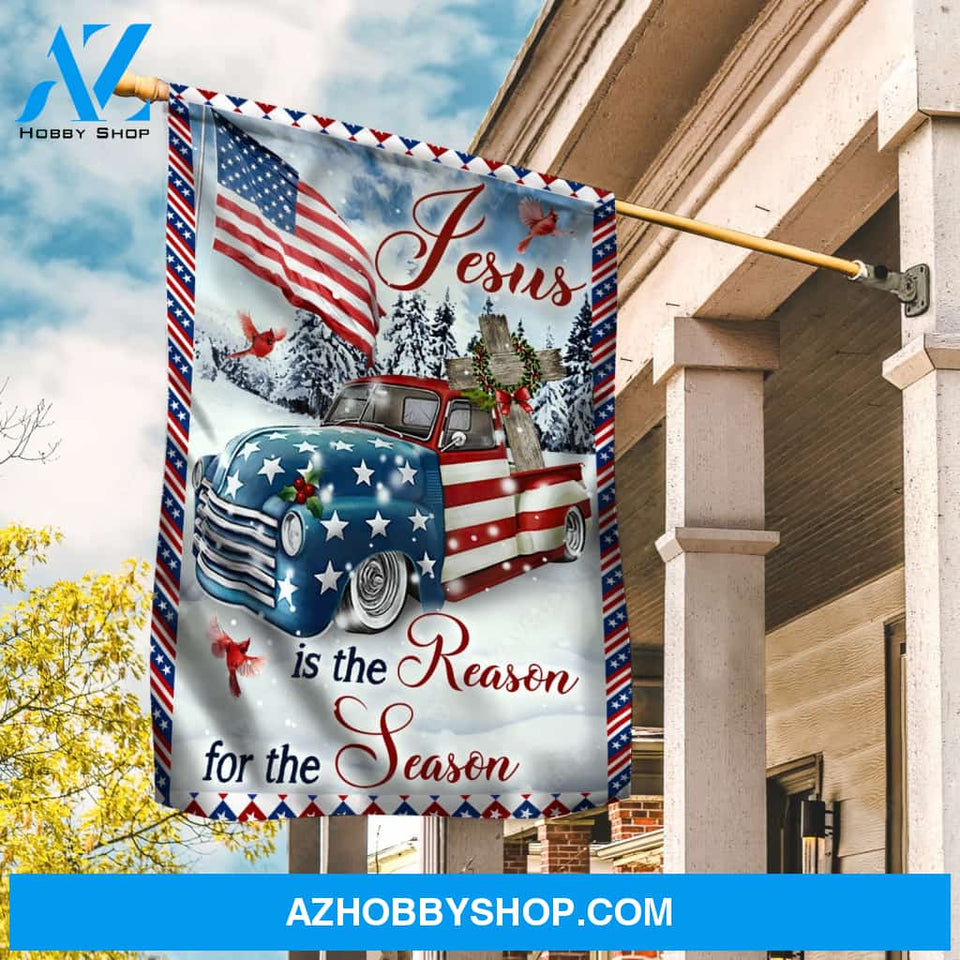 US ladybug car, Winter forest, Wooden cross, Red cardinal, Jesus is the reason for the season - Jesus Flag