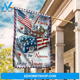 US ladybug car, Winter forest, Wooden cross, Red cardinal, Jesus is the reason for the season - Jesus Flag