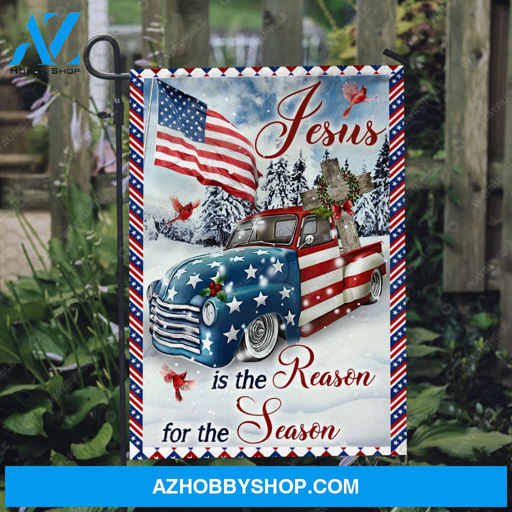US ladybug car, Winter forest, Wooden cross, Red cardinal, Jesus is the reason for the season - Jesus Flag