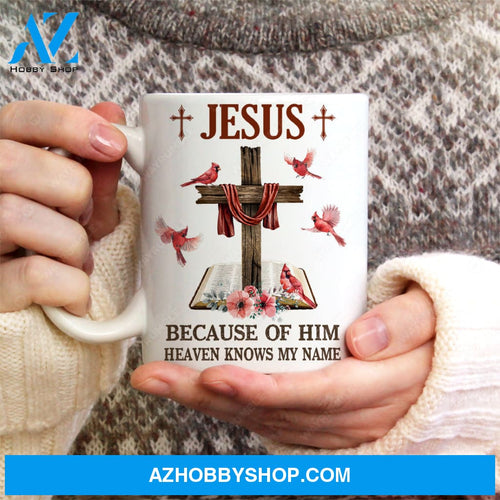 Vintage bible, Watercolor cardinal, Cross symbol, Because of him, Heaven knows my name - Jesus White Mug