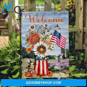 Vintage flower vase, Beautiful hummingbird, US flag painting, Welcome - Jesus Flag